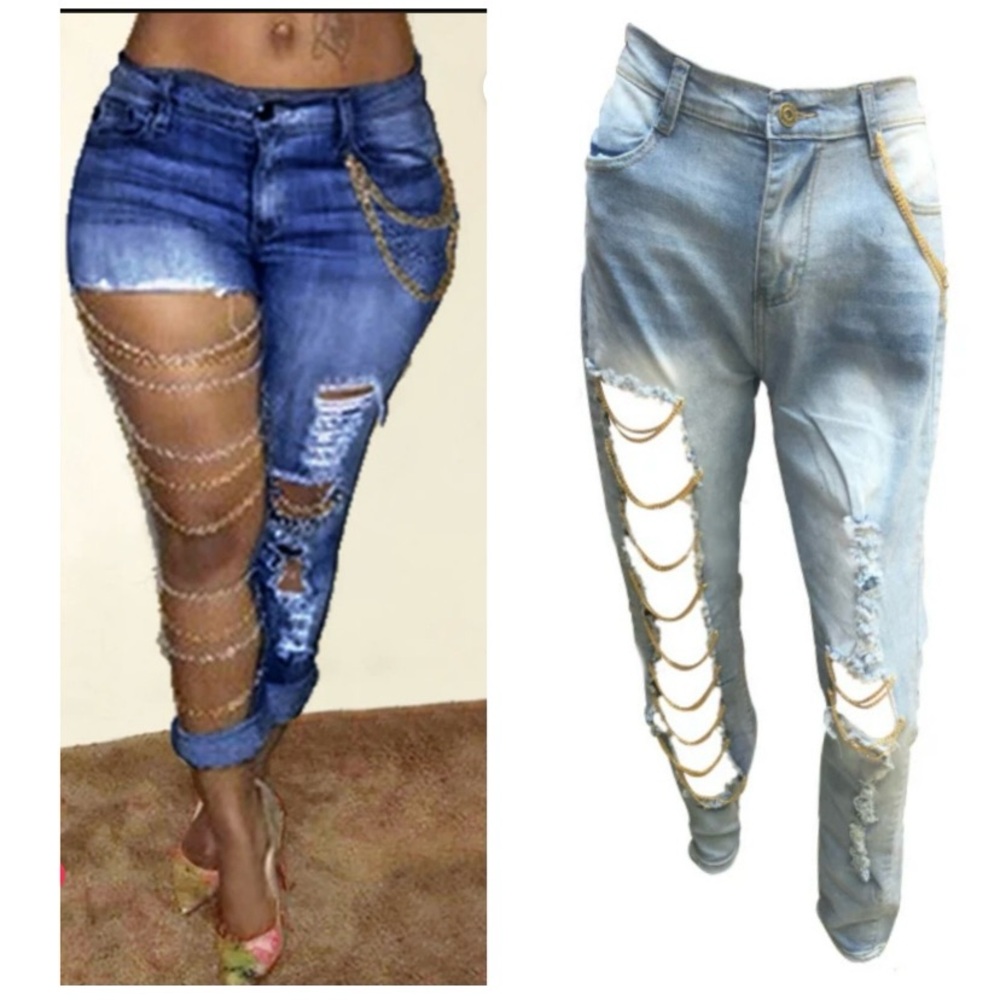 Womens jeans trendy 33W x 30 inseam, BLUE FASHION MID WAIST BROKEN HOLES DENIM